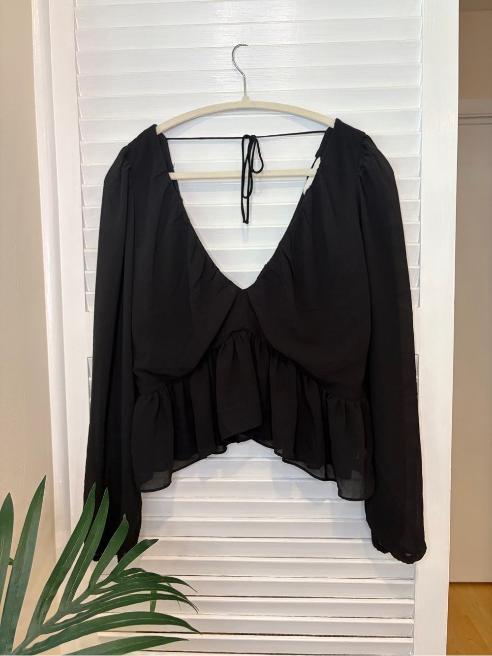 H&M Black Peplum Flowy Sleeve Going Out Top with Tie Back Detail in L